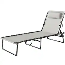 Outsunny - Chaise Lounge Pool Chair with 4-Position Reclining Back, Pillow, Breathable Mesh & Bungee Seat - Cream White
