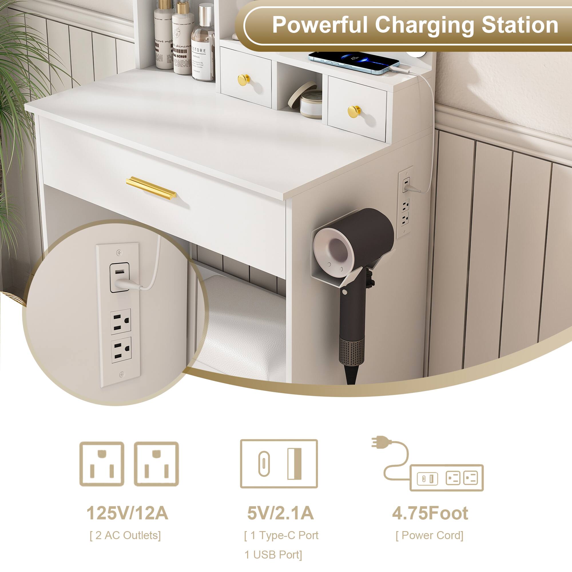 Powerful Charging Station

- 125V/12A [2 AC Outlets]
- 5V/2.1A [1 Type-C Port, 1 USB Port]
- 4.75 Foot [Power Cord]