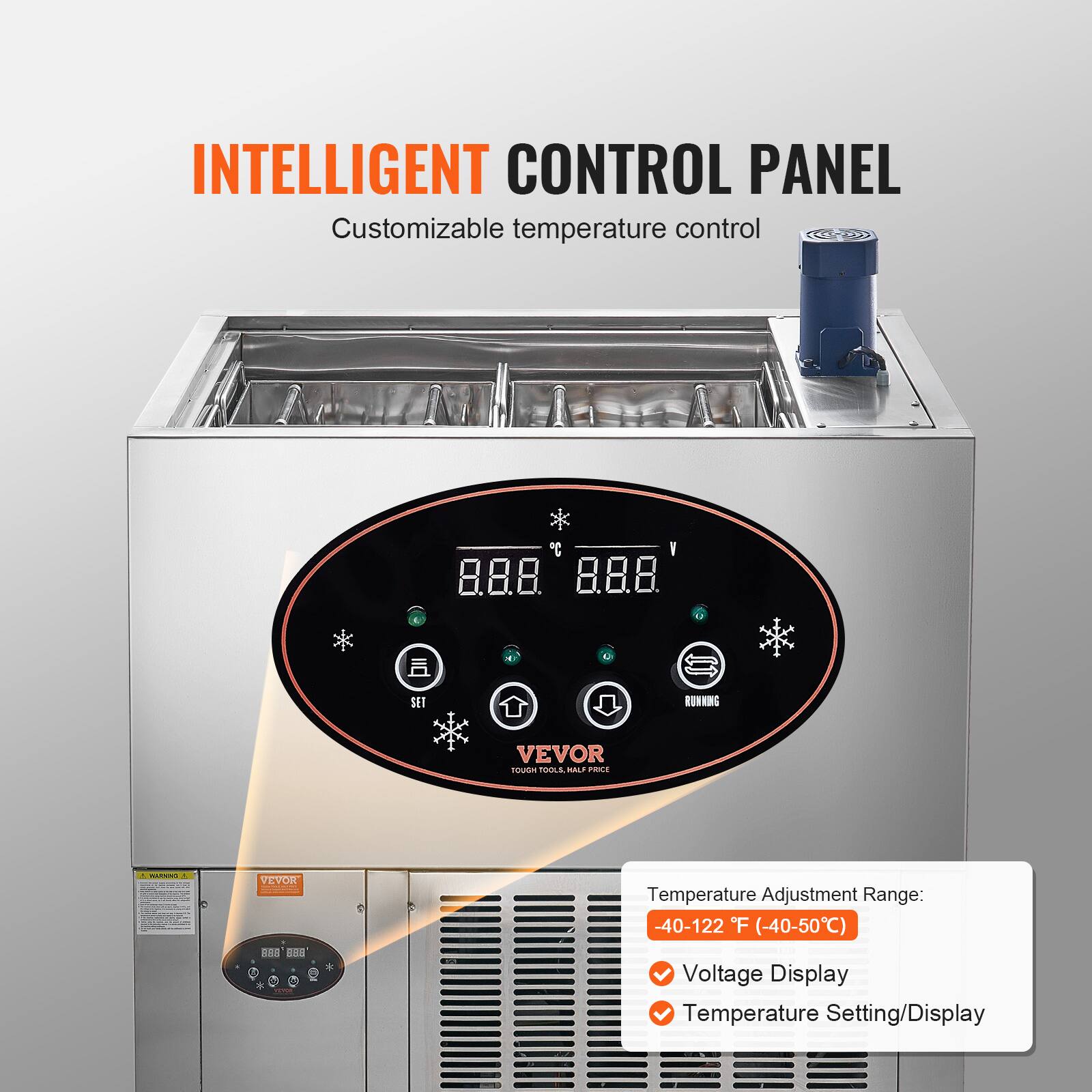 INTELLIGENT CONTROL PANEL  
Customizable temperature control  

Temperature Adjustment Range:  
-40-122°F (-40-50°C)  

Voltage Display  
Temperature Setting/Display