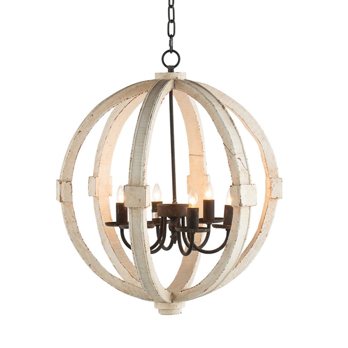 Angle. Loheer - Loheer Six Light Wood Chandelier, Distressed White Finish, Adjustable Chain for Dining Room or Foyer.