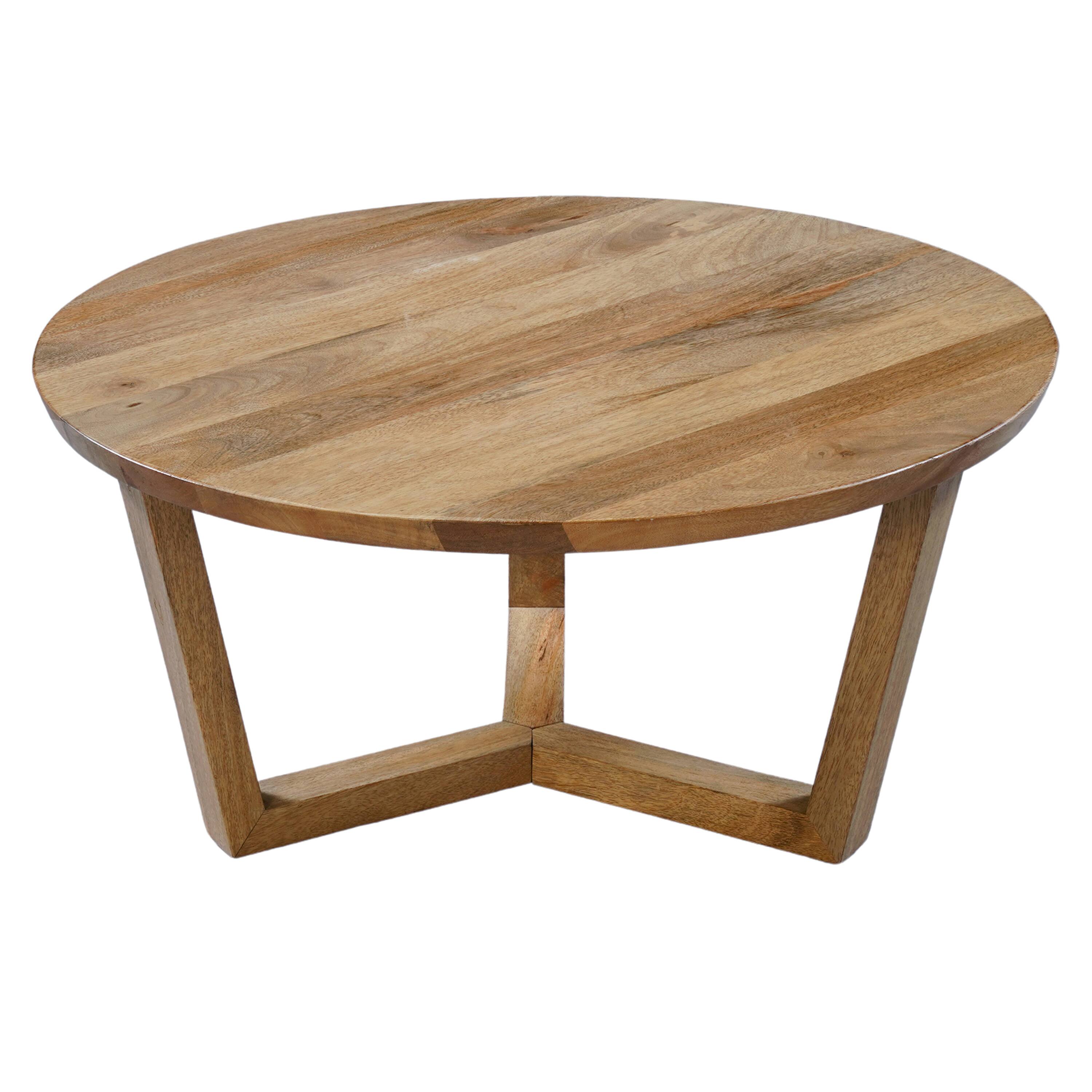 Alt View 1. Manhattan Lane - Vega 30 inch Round Mango Wood Coffee Table - Handcrafted Natural Brown, Sturdy 3-Leg Sled Base - Brown.