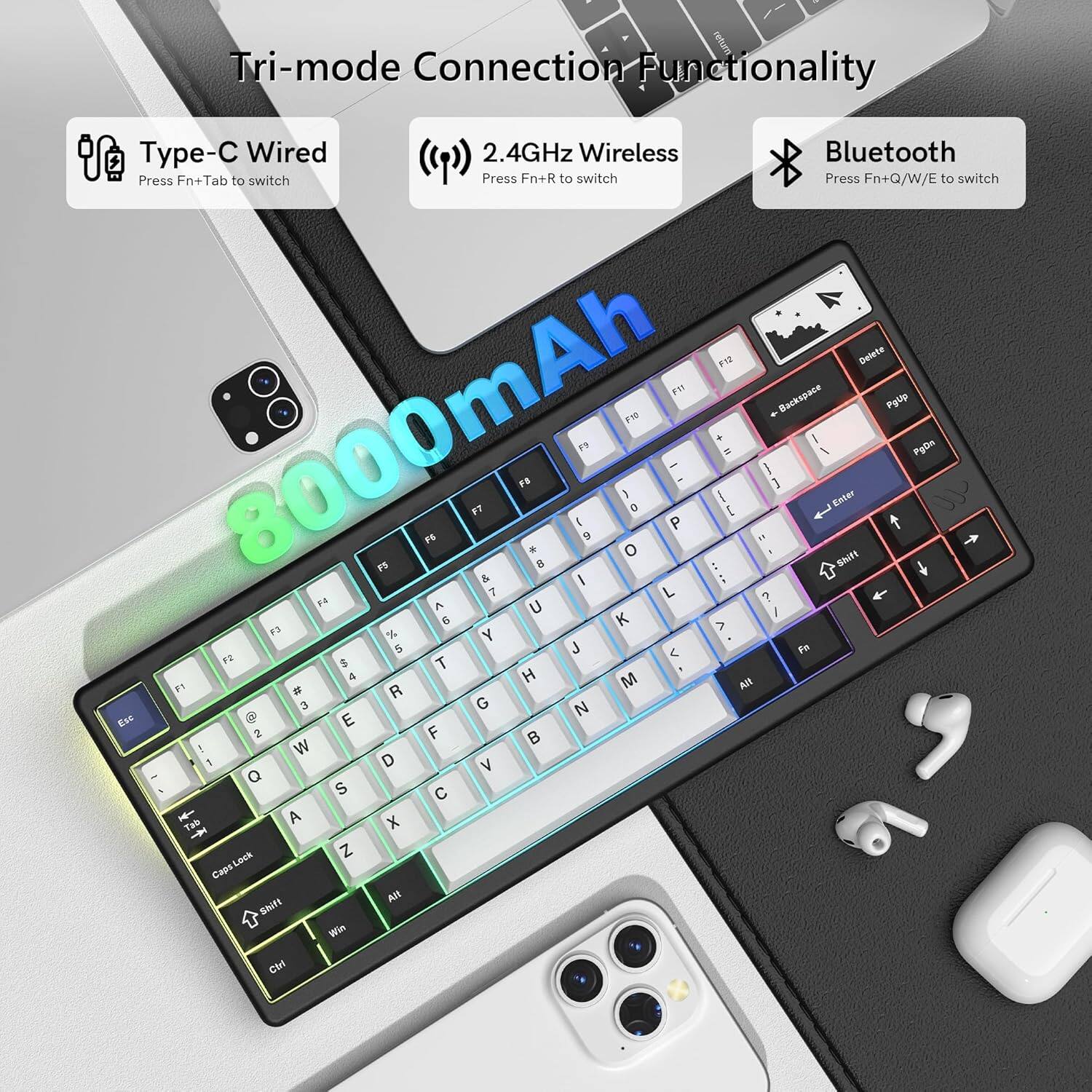 - Tri-mode Connection Functionality
  - Type-C Wired
  - 2.4GHz Wireless
  - Bluetooth
  - Press Fn+Tab to switch
  - Press Fn+R to switch
  - Press Fn+Q/W/E to switch

- 8000mAh

- F1 Backspace Pgup
- F2 Delete
- F3 Enter
- F4 F5 F6 F7 F8 F9 F10 F11 F12

- 1 2 3 4 5 6 7 8 9 0
- Q W E R T Y U I O P
- A S D F G H J K L
- Z X C V B N M

- CapsLock
- Shift
- Ctrl
- Alt
- Win