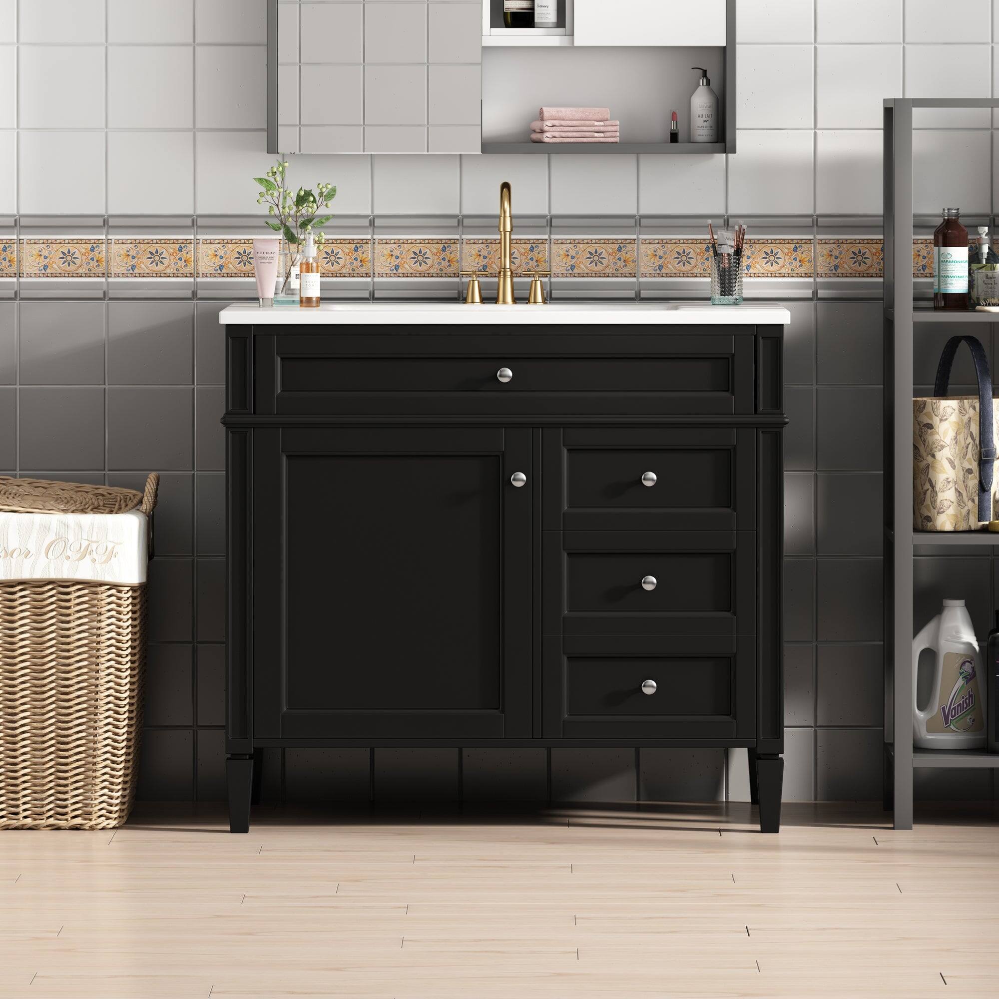 Alt View 4. Boyel Living - 36 Inch Modern Bathroom Vanity with Resin Sink Two Drawers Tip Out Black - Black.