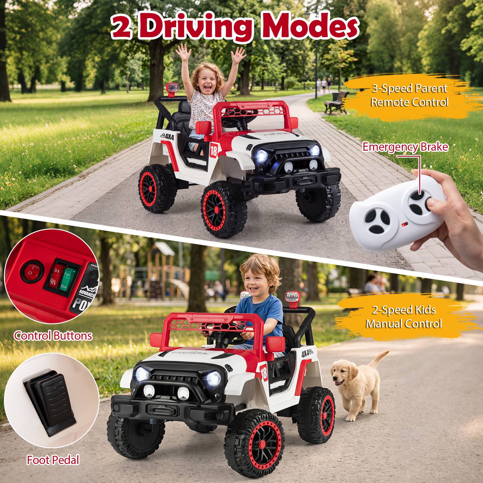 2 Driving Modes

3-Speed Parent Remote Control

Emergency Brake

Control Buttons

2-Speed Kids Manual Control

Foot Pedal