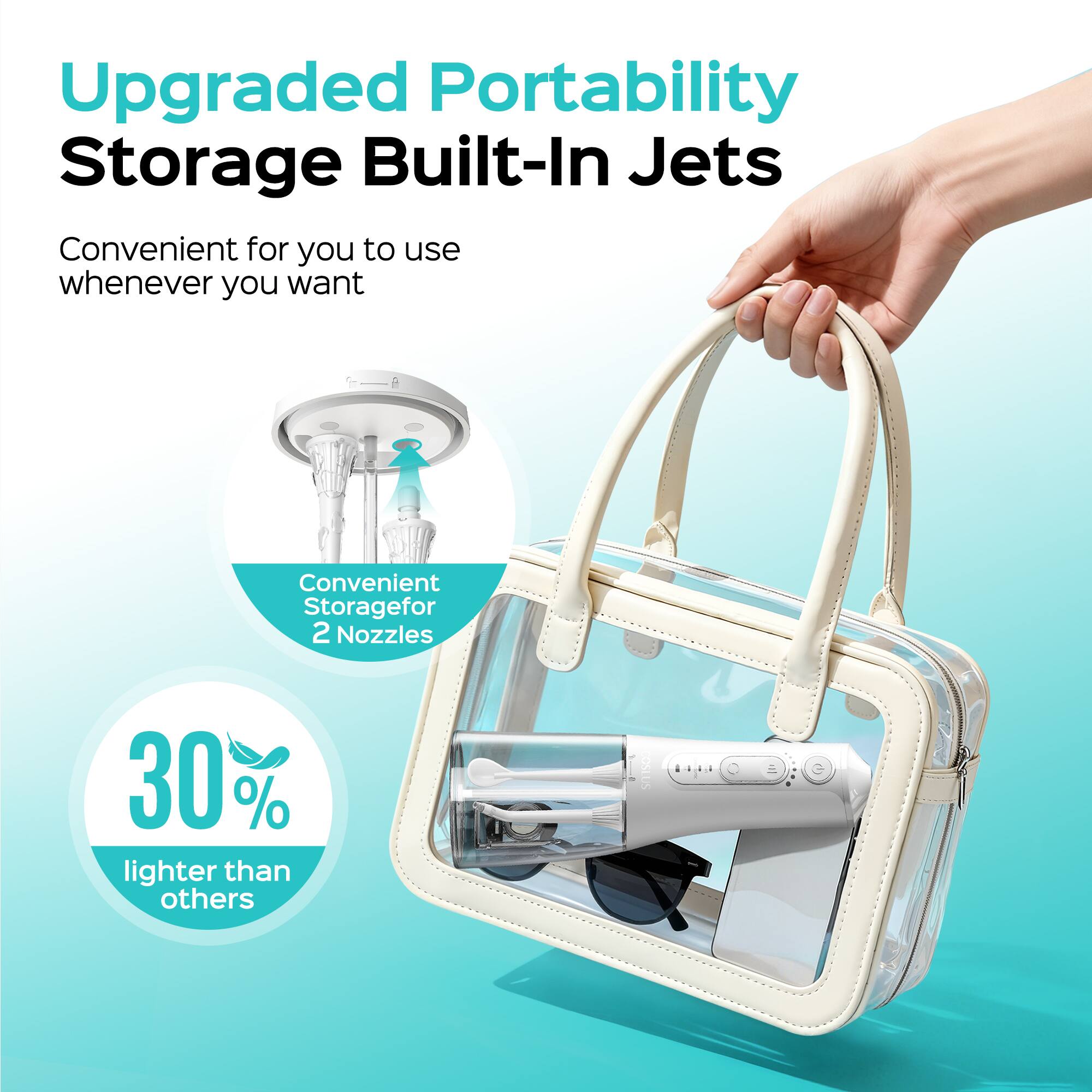 Upgraded Portability Storage Built-In Jets  
Convenient for you to use whenever you want  
Convenient Storage for 2 Nozzles  
30% lighter than others