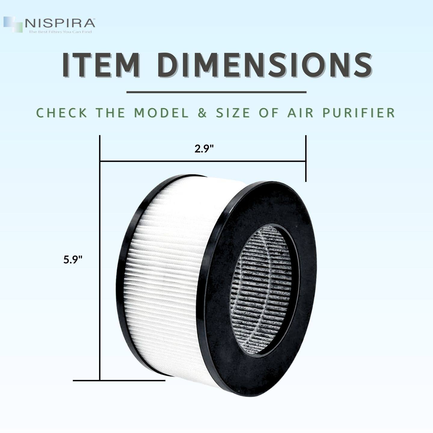 NISPIRA  
The Best Filters You Can Find  

ITEM DIMENSIONS  

CHECK THE MODEL & SIZE OF AIR PURIFIER  

2.9"  
5.9"