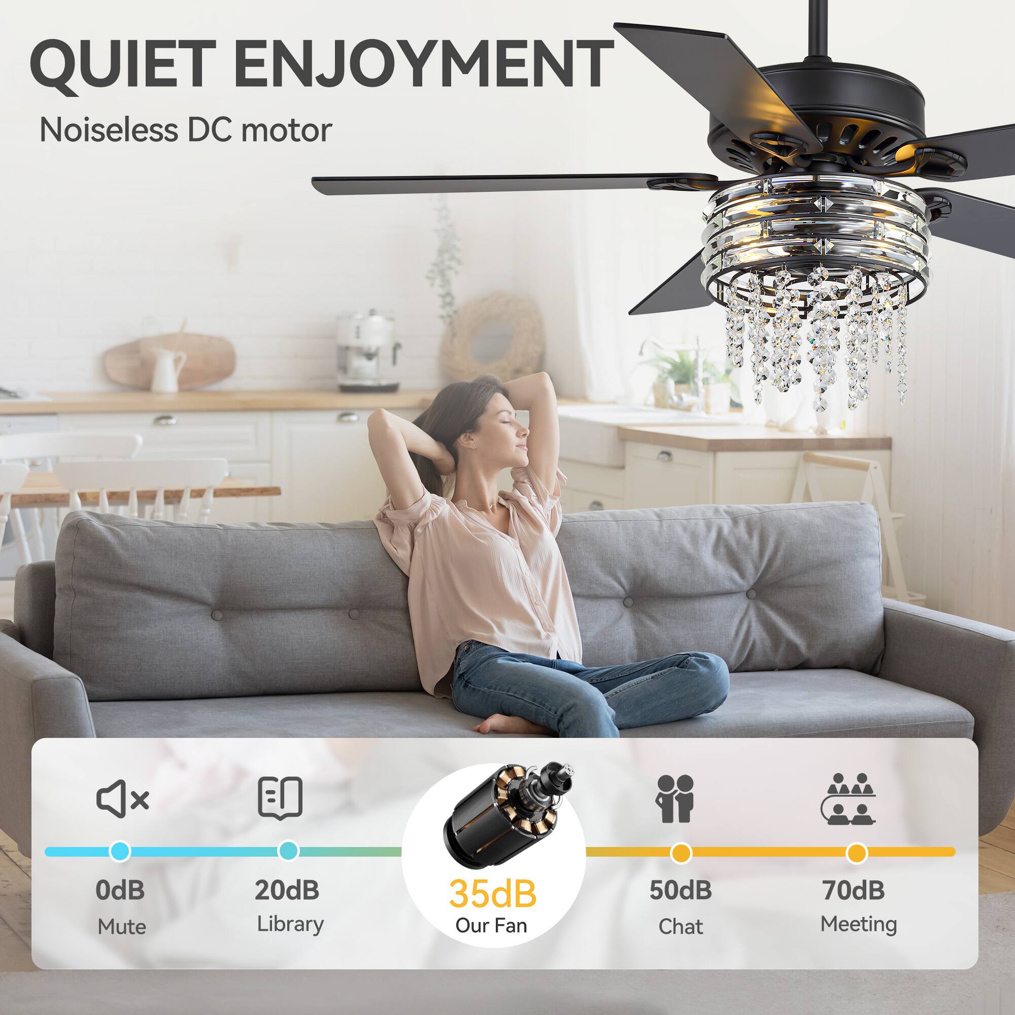QUIET ENJOYMENT  
Noiseless DC motor  

0dB Mute  
20dB Library  
35dB Our Fan  
50dB Chat  
70dB Meeting