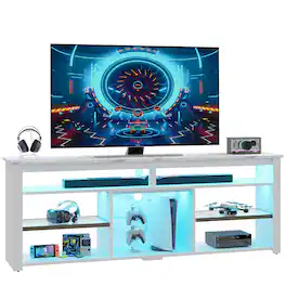 Bestier - 70" Gaming TV Console for TVs up to 75" featuring LED Lighting Storage and Adjustable Shelves - White
