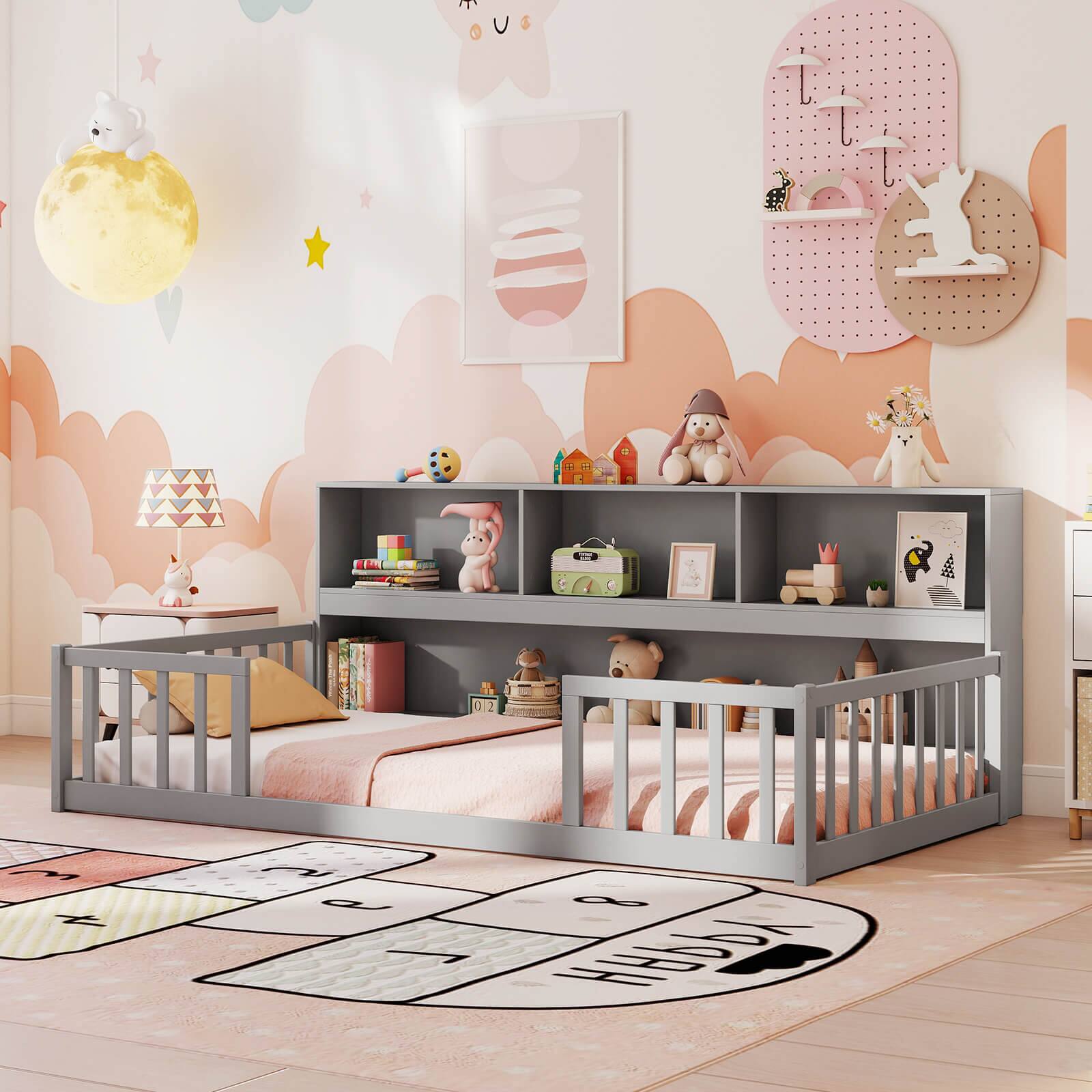 Alt View 4. Costway - Costway Twin Size Montessori Floor Bed with Bookcase Storage Shelves & Safety Fence Rails Gray - Grey.