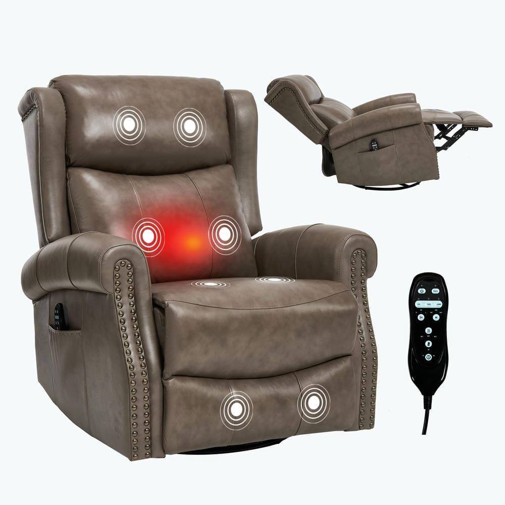 Alt View 4. Kadyn - Manual Heat Massage Recliner Chair, 8 Vibration Modes, Rocker Swivel, Genuine Leather, Brown+Gray - Gray.