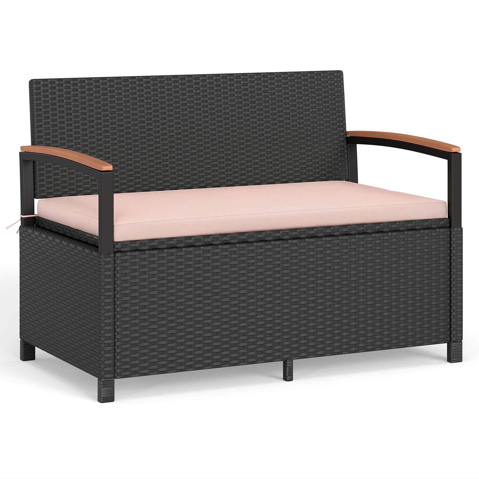 Costway - Outdoor Storage Bench with Cushion Backrest & Acacia Wood Armrests Hidden Storage - Black + Beige