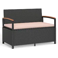 Front. Costway - Costway Outdoor Storage Bench with Cushion Backrest & Acacia Wood Armrests Hidden Storage - Black + Beige.