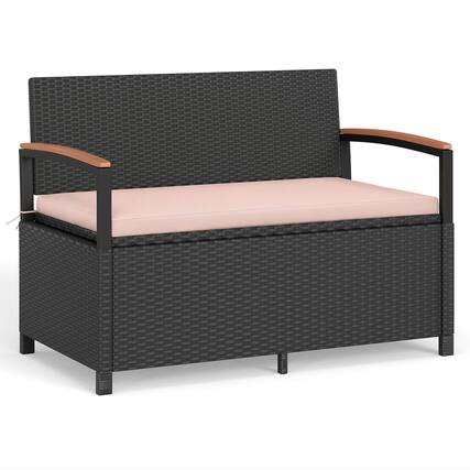 Front. Costway - Costway Outdoor Storage Bench with Cushion Backrest & Acacia Wood Armrests Hidden Storage - Black + Beige.