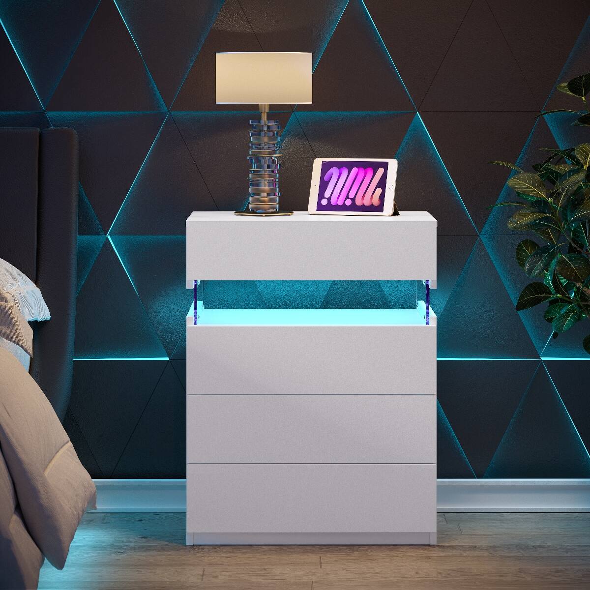 Angle. Loheer - Loheer White LED Nightstand, Four Drawer Bedside Table with Adjustable Multicolor Lights - White.