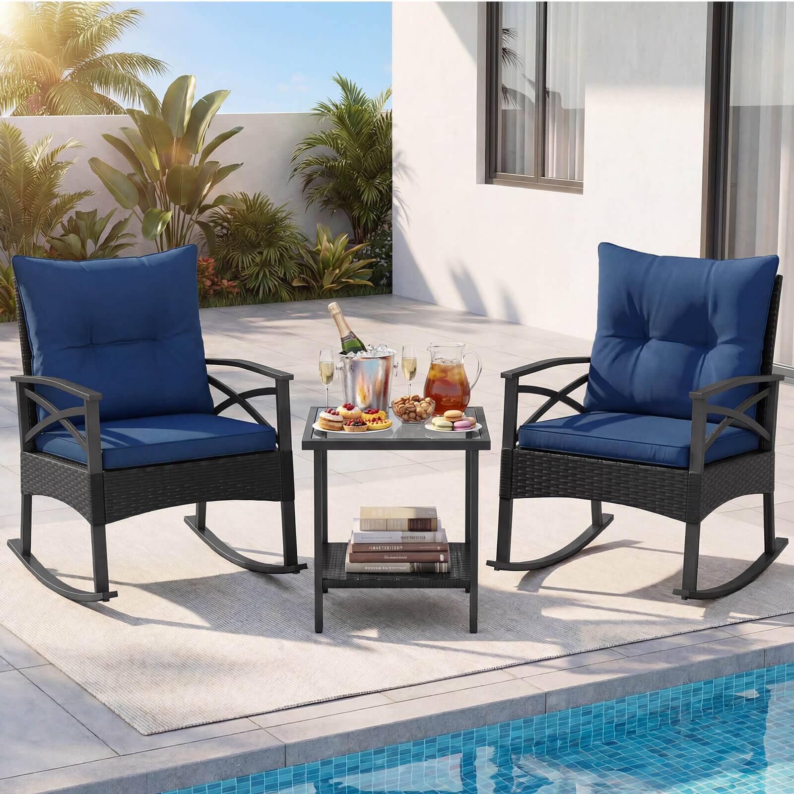 Alt View 3. Costway - Costway 3-Piece Rattan Rocking Bistro Set with Tempered Glass Tabletop & Cushions for Porch - Black + Navy.