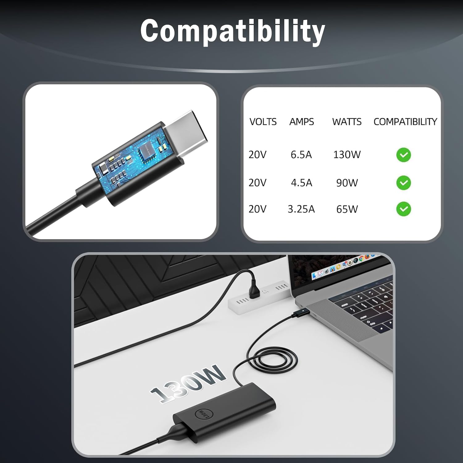 Compatibility

VOLTS | AMPS | WATTS | COMPATIBILITY
20V | 6.5A | 130W | ✓
20V | 4.5A | 90W | ✓
20V | 3.25A | 65W | ✓
