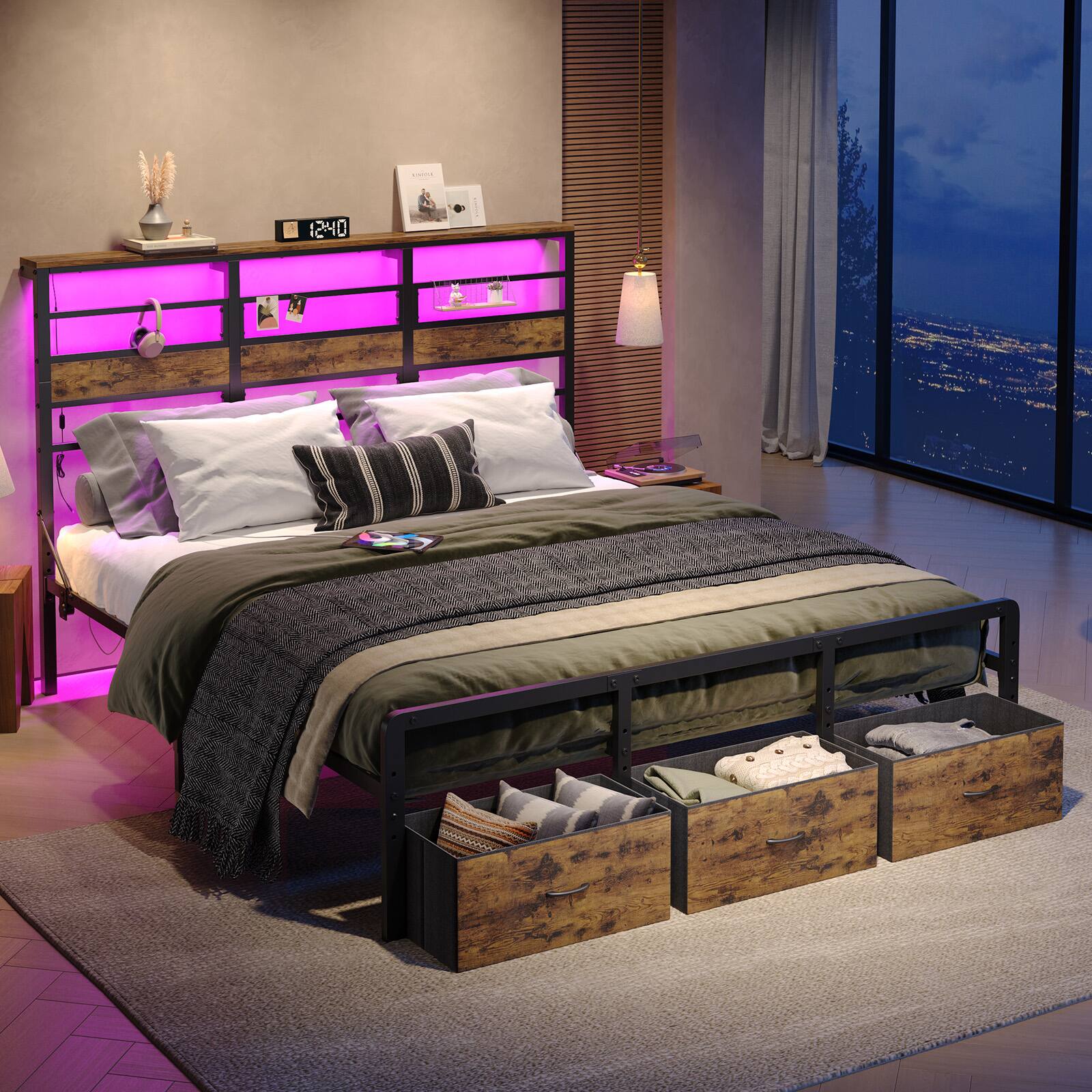 Left. Pinmoco - Pinmoco - LED Storage Bed Platform Bed Frame with 2/3 Drawers Charging Station and Adjustable Height - Rustic Brown.