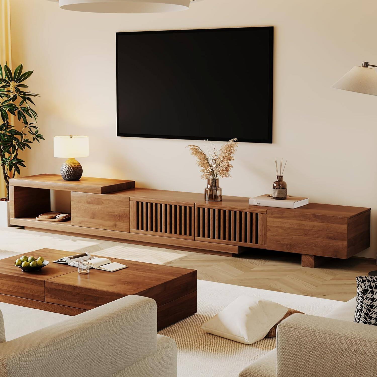 Alt View 2. luck idea - Extendable 78.54" Media Console TV Stand with Spacious Storage, Adjustable Entertainment Center for Living Room - Walnut color.