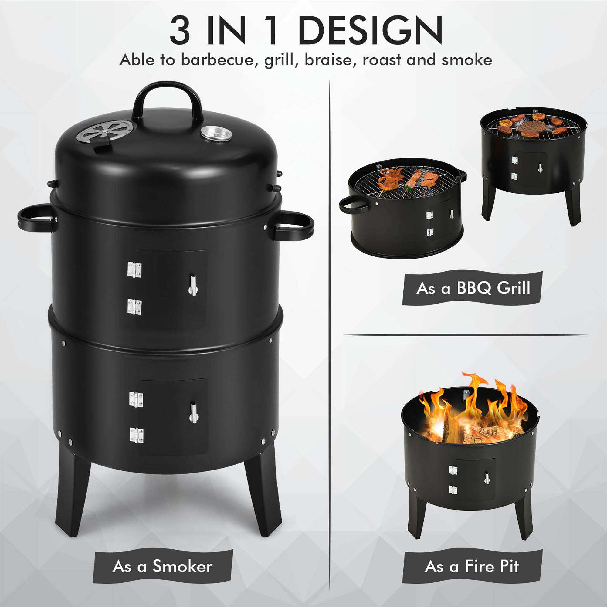 3 IN 1 DESIGN: Able to barbecue, grill, braise, roast and smoke. As a BBQ Grill, As a Smoker, As a Fire Pit.