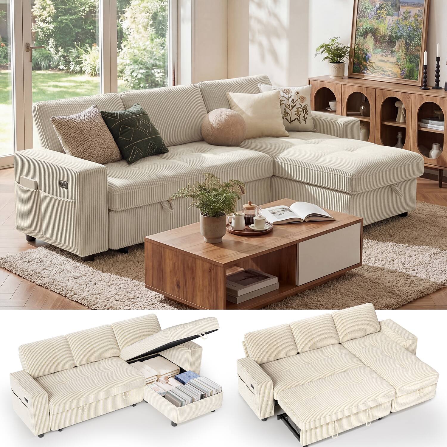 Front. Dyonery - Dyonery 81" L-Shaped Sleeper Sofa Bed, Corduroy with Pull-Out Bed, USB Ports,  Storage & Adjustable Backrest,Beige - Corduroy + Beige.