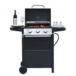 Yardgrace - 3 Burner Barbecue Grill, Stainless Steel 26,000 BTU Patio Garden Barbecue Grill with Two Foldable Shelves - Black