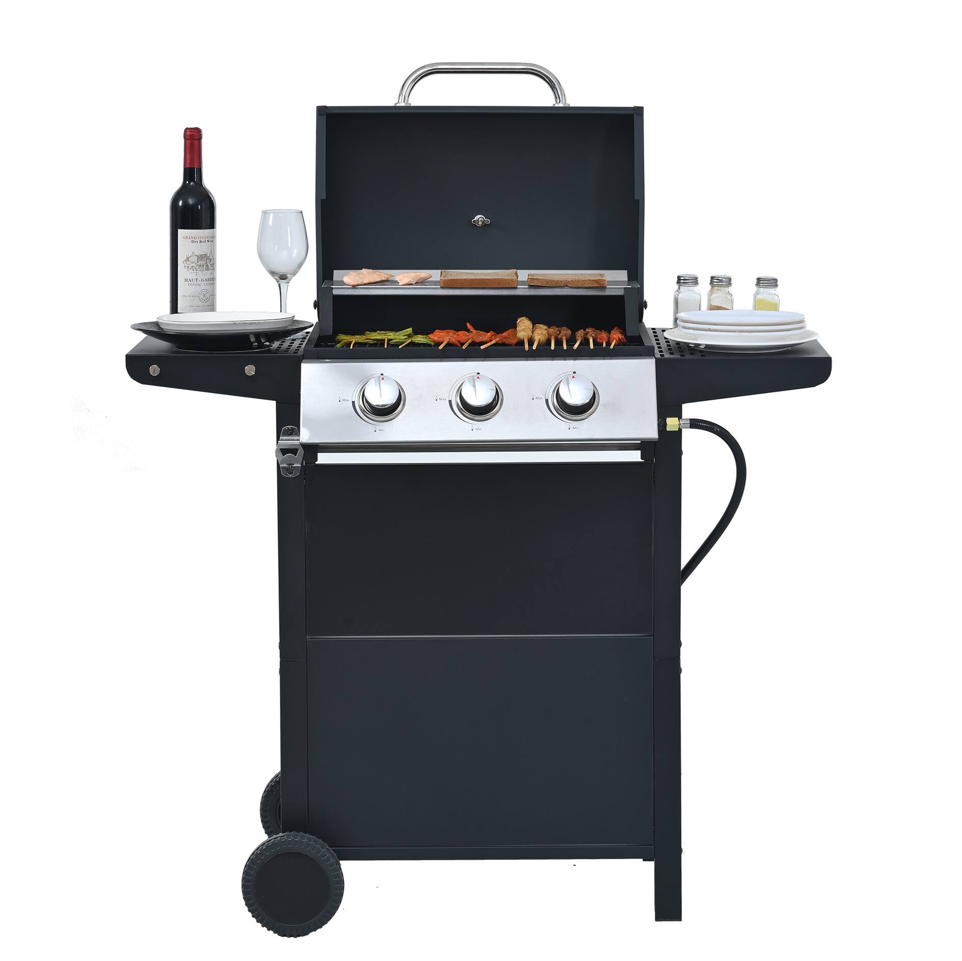 Front. Yardgrace - 3 Burner Barbecue Grill, Stainless Steel 26,000 BTU Patio Garden Barbecue Grill with Two Foldable Shelves - Black.