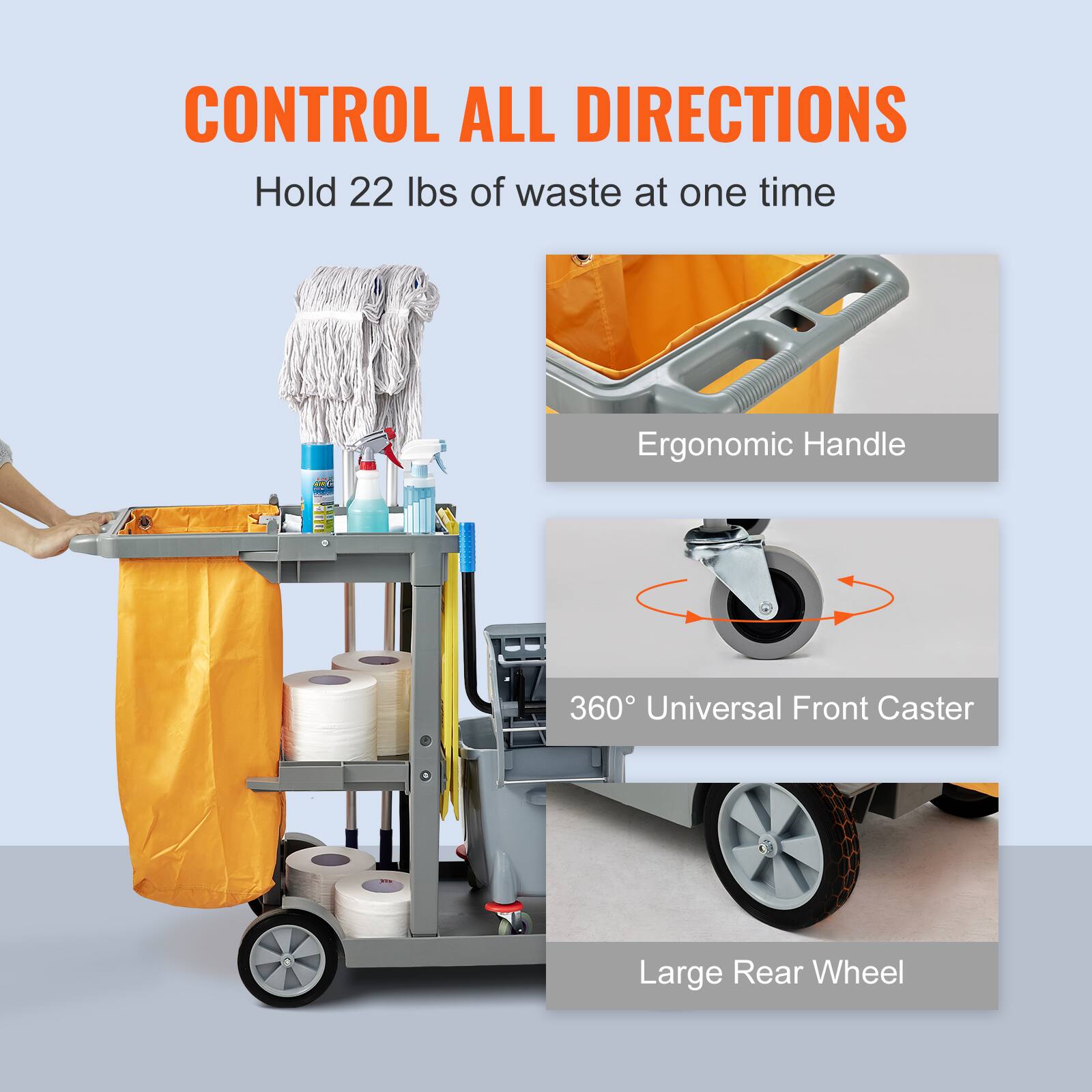 CONTROL ALL DIRECTIONS  
Hold 22 lbs of waste at one time  

Ergonomic Handle  

360° Universal Front Caster  

Large Rear Wheel