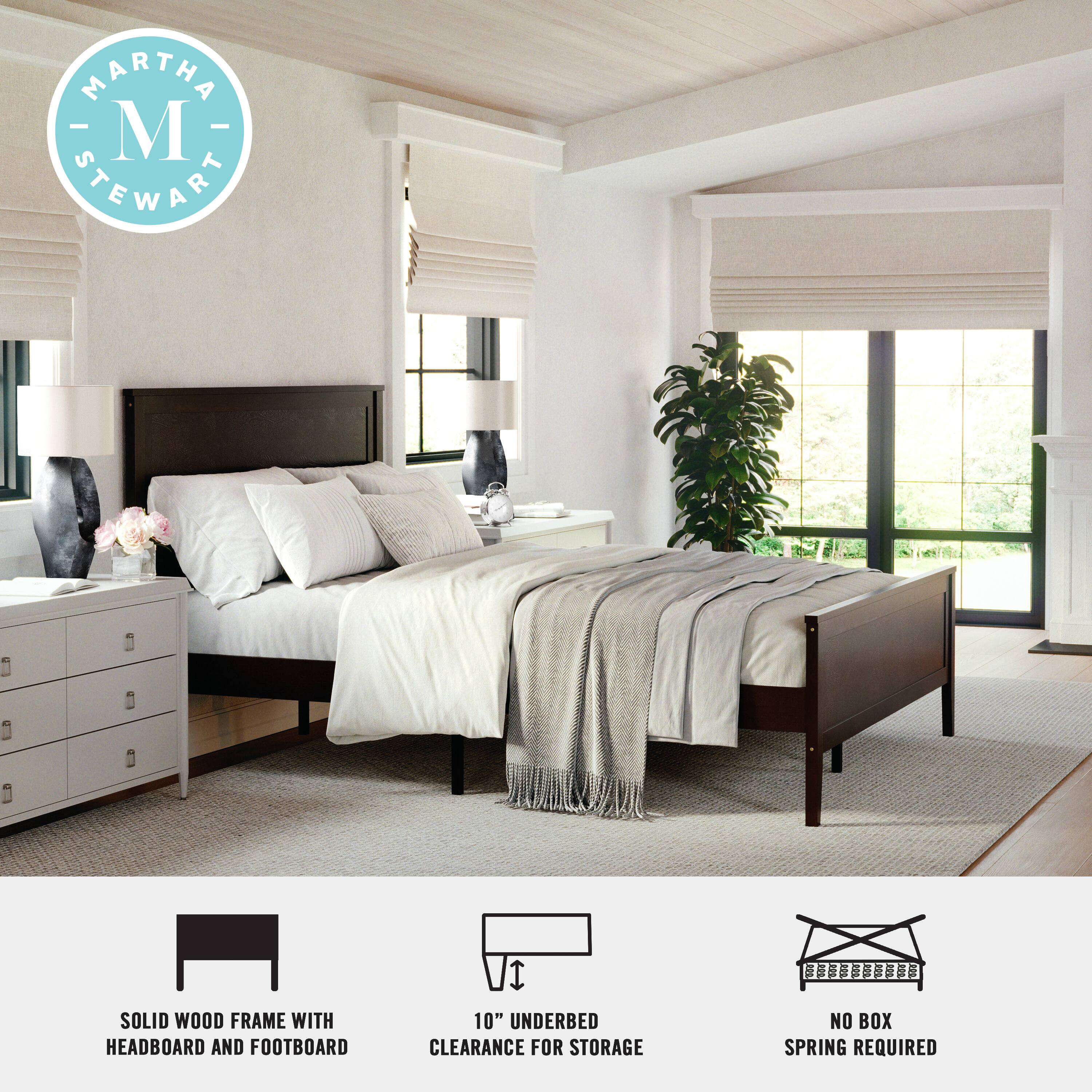 MARTHA STEWART SOLID WOOD FRAME WITH HEADBOARD AND FOOTBOARD JI 10" UNDERBED CLEARANCE FOR STORAGE NO BOX SPRING REQUIRED