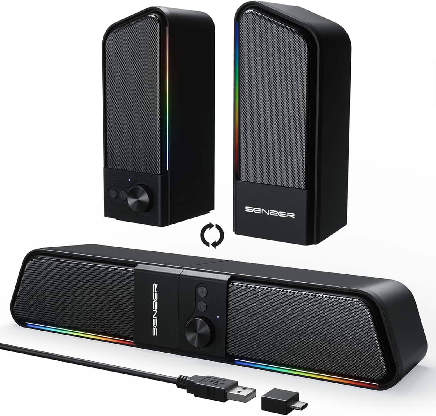 Stamp n Camp - SENZER CS20 2 in 1 Bluetooth Computer Speakers for Desktop, USB Plug & Play Clear Sound PC with RGB Light, Monitor Bar