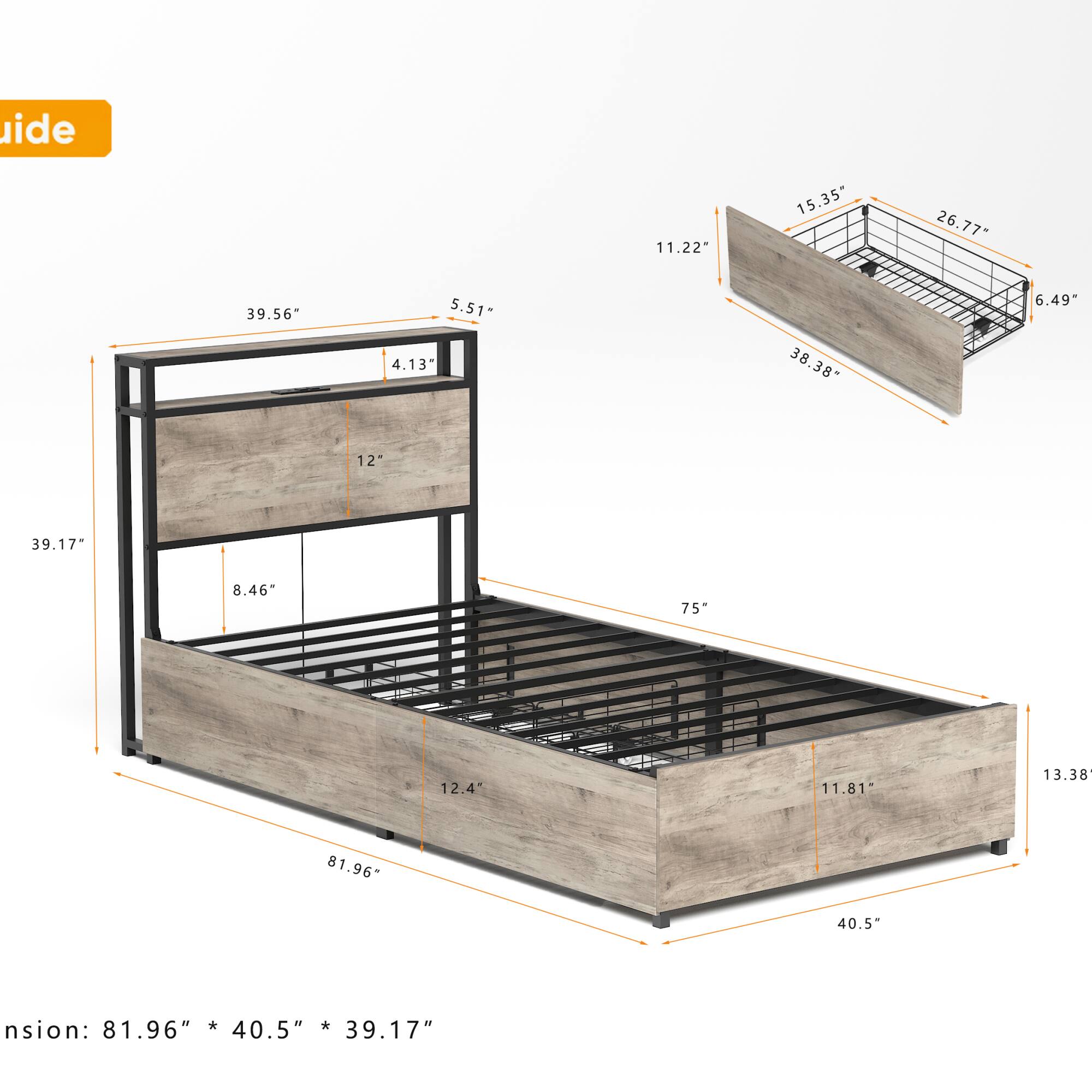 Guide

- 11.22"
- 15.35"
- 26.77"
- 39.56"
- 5.51"
- 4.13"
- 38.38"
- 6.49"
- 12"
- 39.17"
- 8.46"
- 75"
- 12.4"
- 11.81"
- 13.38"
- 81.96"
- 40.5"

Dimensions: 81.96" * 40.5" * 39.17"