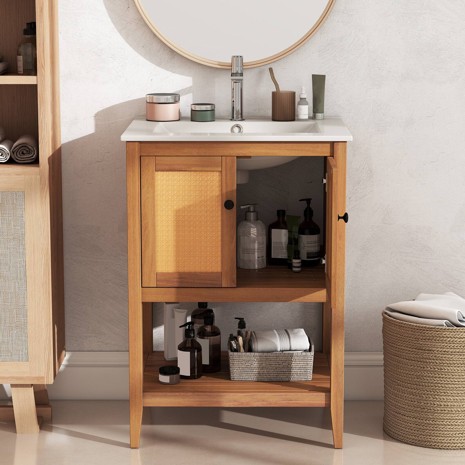 Alt View 3. Gymax - Gymax 24'' Bathroom Vanity w/ Sink 2 Rattan Doors & Open Slatted Shelf Freestanding - White.