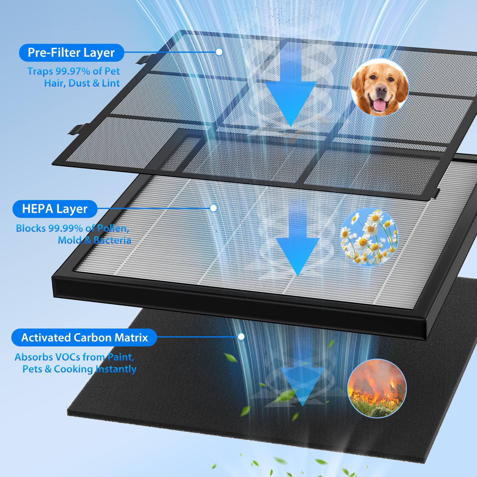 Pre-Filter Layer  
Traps 99.97% of Pet Hair, Dust & Lint  

HEPA Layer  
Blocks 99.99% of Pollen, Mold & Bacteria  

Activated Carbon Matrix  
Absorbs VOCs from Paint, Pets & Cooking Instantly