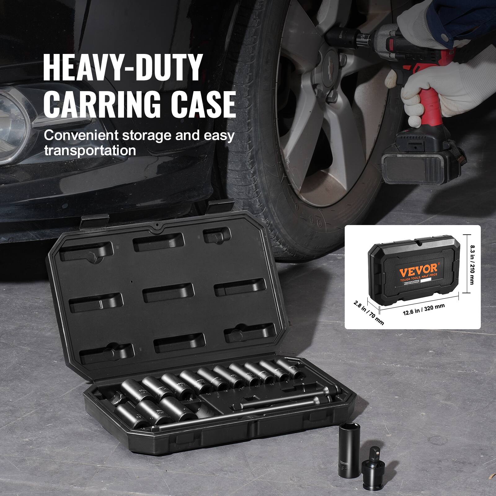 HEAVY-DUTY CARRING CASE Convenient storage and easy transportation
VEVOR U MALE PL Touwm ML - 2.8 in/ 70 mm TO 12.6 mm 8.3 : 5 ee 210 mm