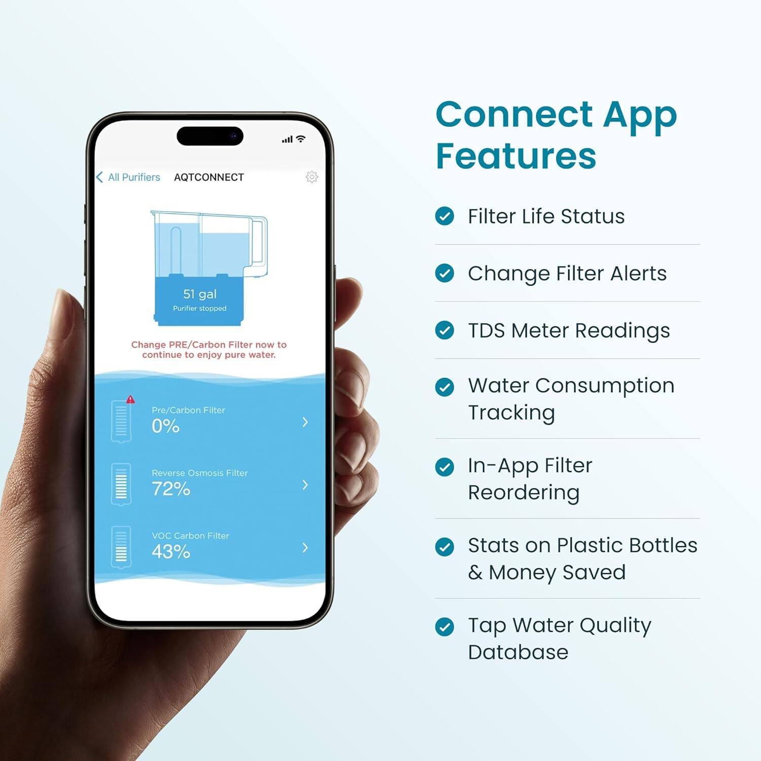 All Purifiers  
AQTCONNECT  

Connect App Features  
- Filter Life Status  
- Change Filter Alerts  
- TDS Meter Readings  
- Water Consumption Tracking  
- In-App Filter Reordering  
- Stats on Plastic Bottles & Money Saved  
- Tap Water Quality Database  

51 gal  
Purifier stopped  

Change PRE/Carbon Filter now to continue to enjoy pure water.  

Pre/Carbon Filter 0%  
Reverse Osmosis Filter 72%  
VOC Carbon Filter 43%
