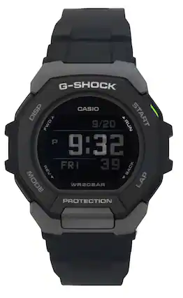 G-SHOCK CASIO DISP START FWD 9/20 RUN P 9:32 FRI 39 BACK REV MODE WR20BAR LAP PROTECTION