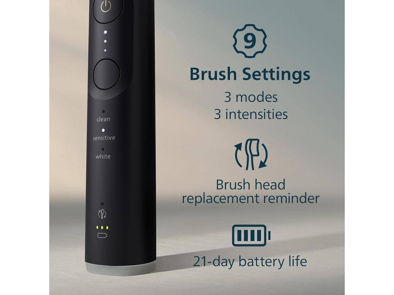 9 Brush Settings  
3 modes  
3 intensities  
Brush head replacement reminder  
21-day battery life