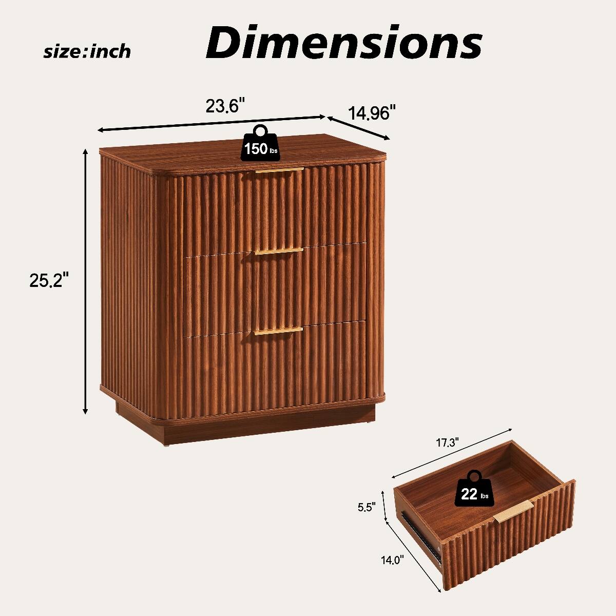 size:inch  
Dimensions  
23.6"  
14.96"  
150 lbs  
25.2"  
17.3"  
5.5"  
22 lbs  
14.0"