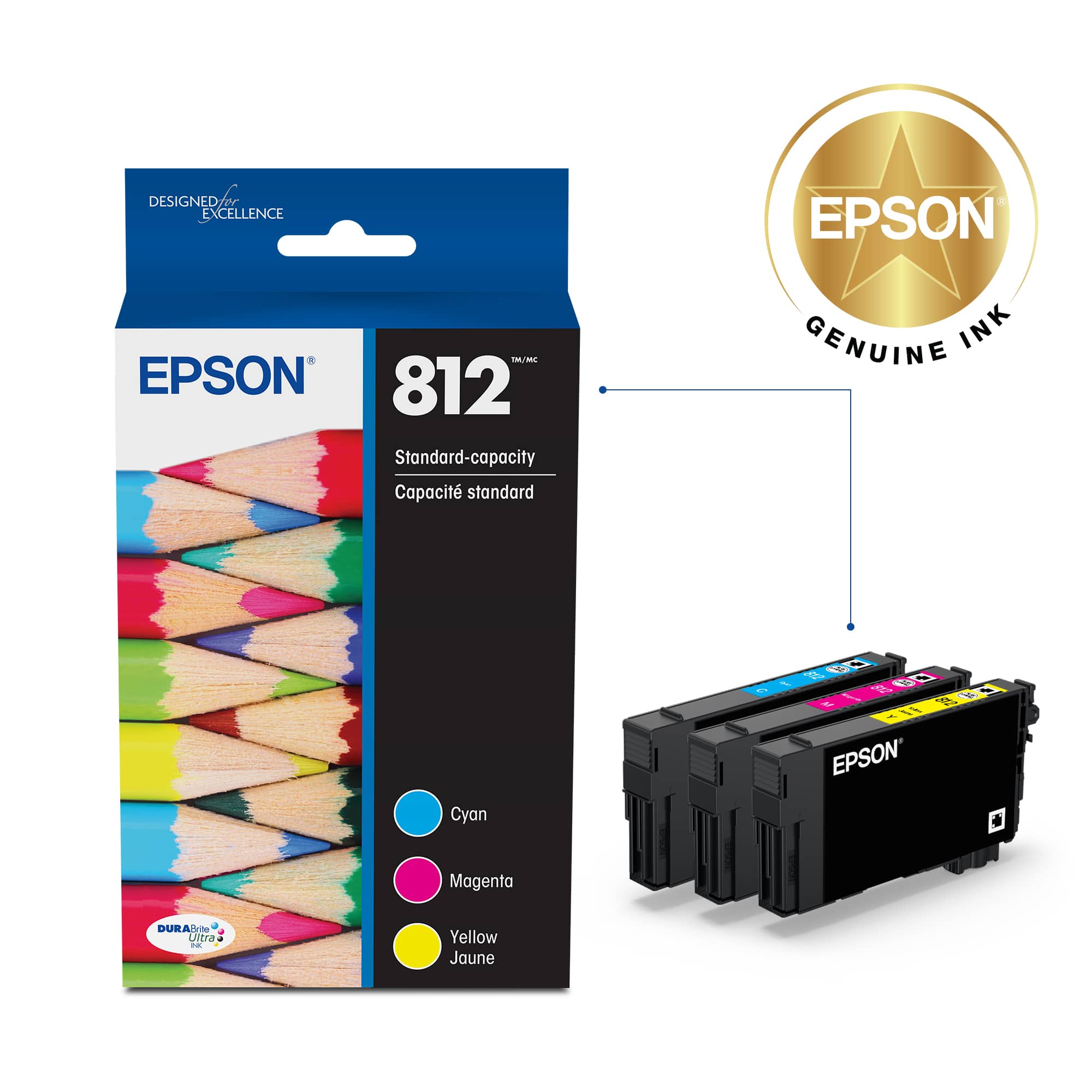EPSON 812 Standard-capacity Cartridges: Cyan, Magenta, and Yellow. Genuine Epson ink. Designed for Epson printers.
