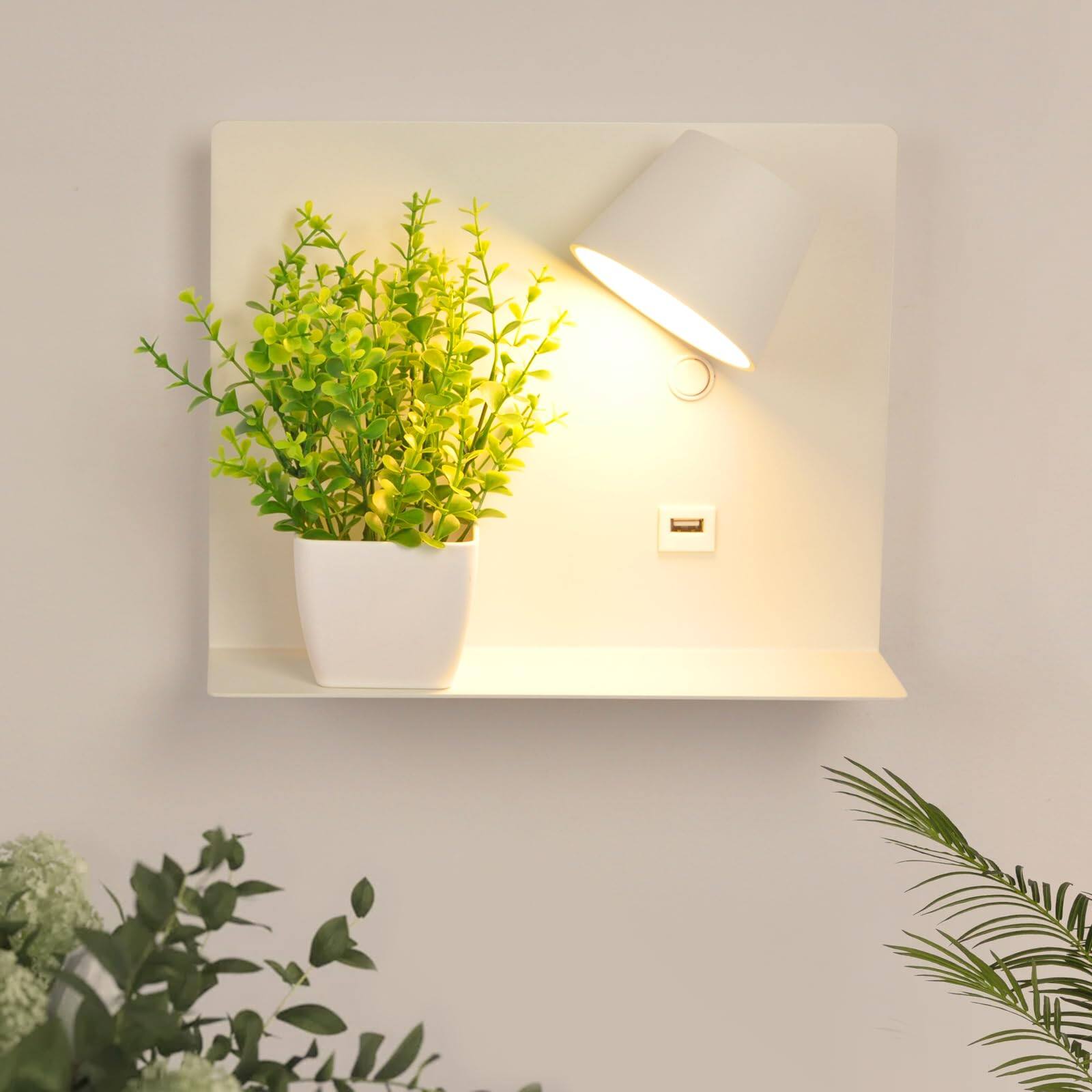 Front. Comfort Essence - Rotatable Led Plug In Wall Sconce With Shelf For Bedroom Bedside Swing Metal Reading Lamp Usb Charging Port - large shelf white.