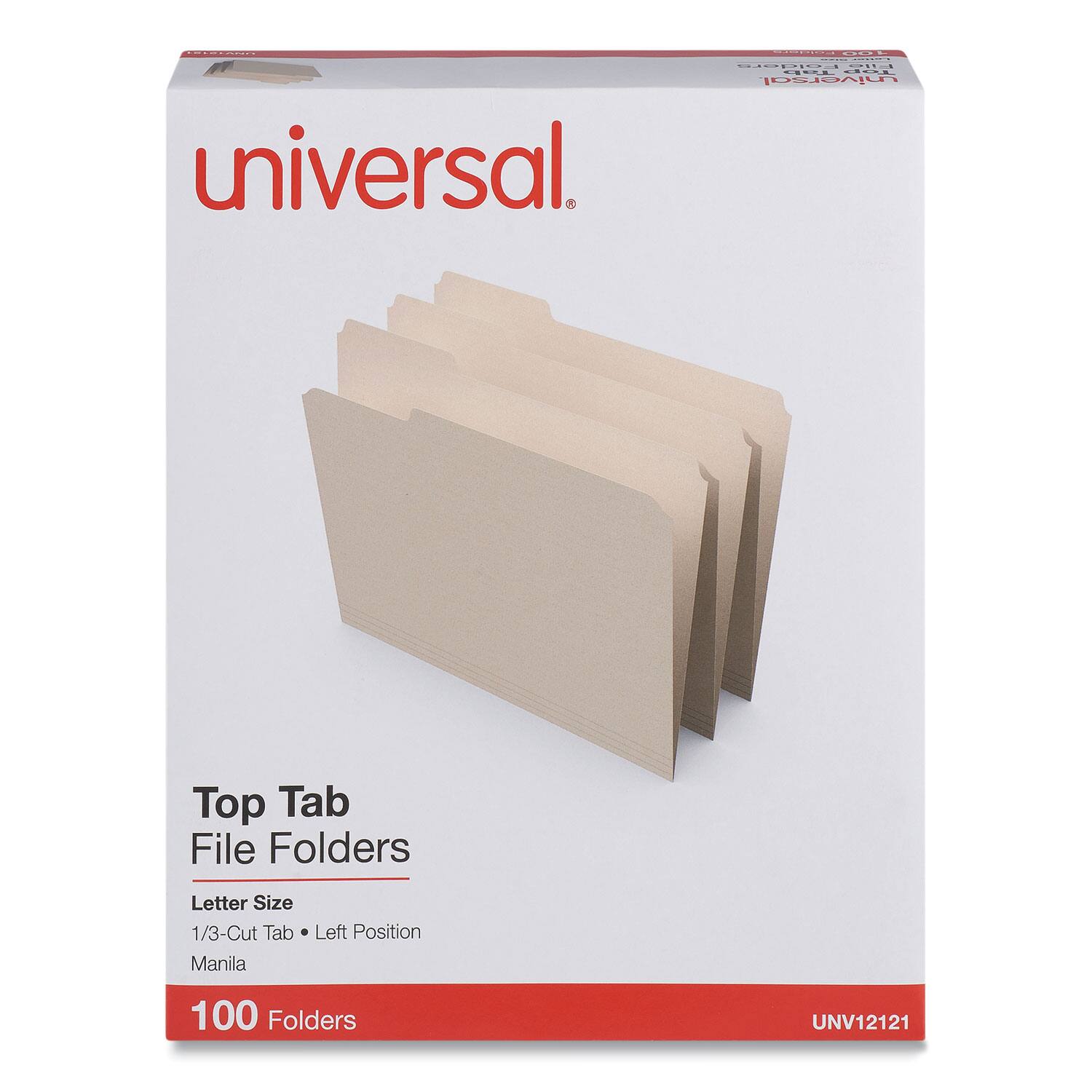 Universal  
Top Tab File Folders  
Letter Size  
1/3-Cut Tab • Left Position  
Manila  
100 Folders  
UNV12121