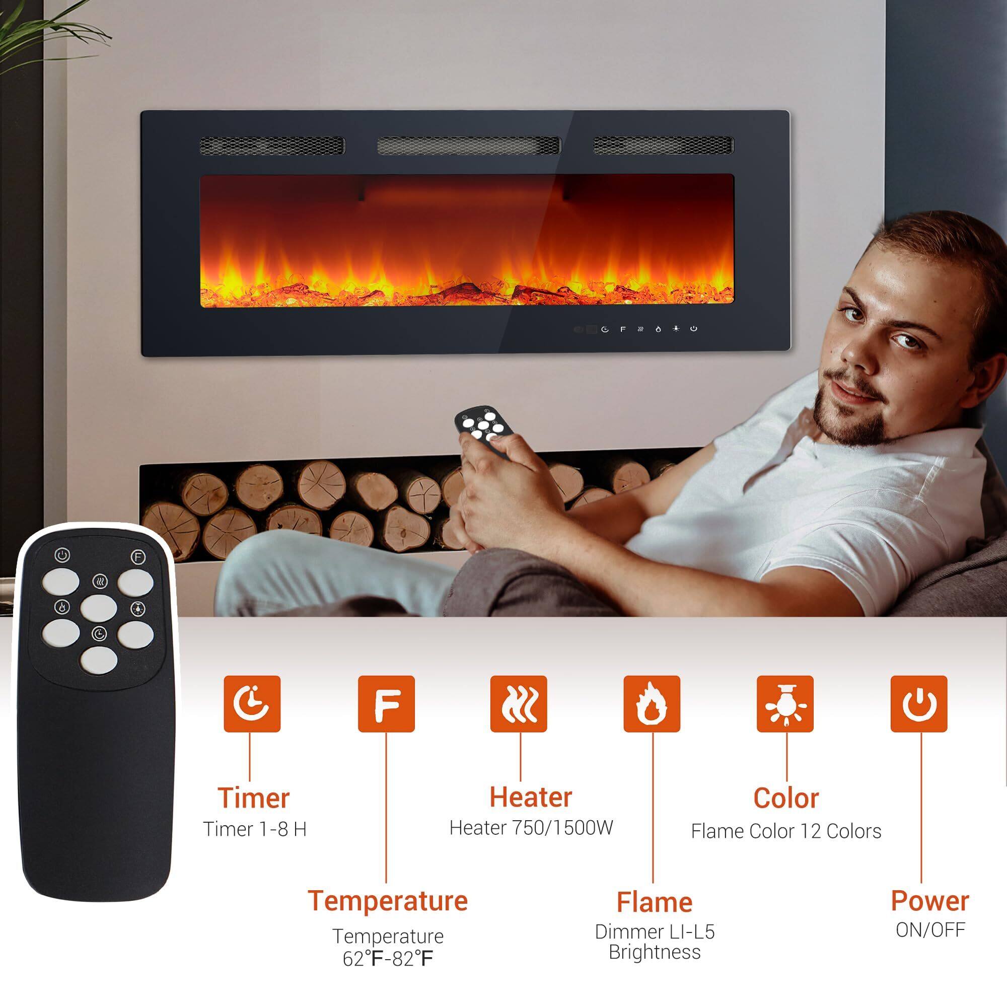 Sure, here is the corrected and grouped text:

- **Timer**
  - Timer 1-8 H

- **Heater**
  - Heater 750/1500W

- **Color**
  - Flame Color 12 Colors

- **Temperature**
  - Temperature 62°F-82°F

- **Flame**
  - Flame Dimmer LI-L5 Brightness

- **Power**
  - Power ON/OFF