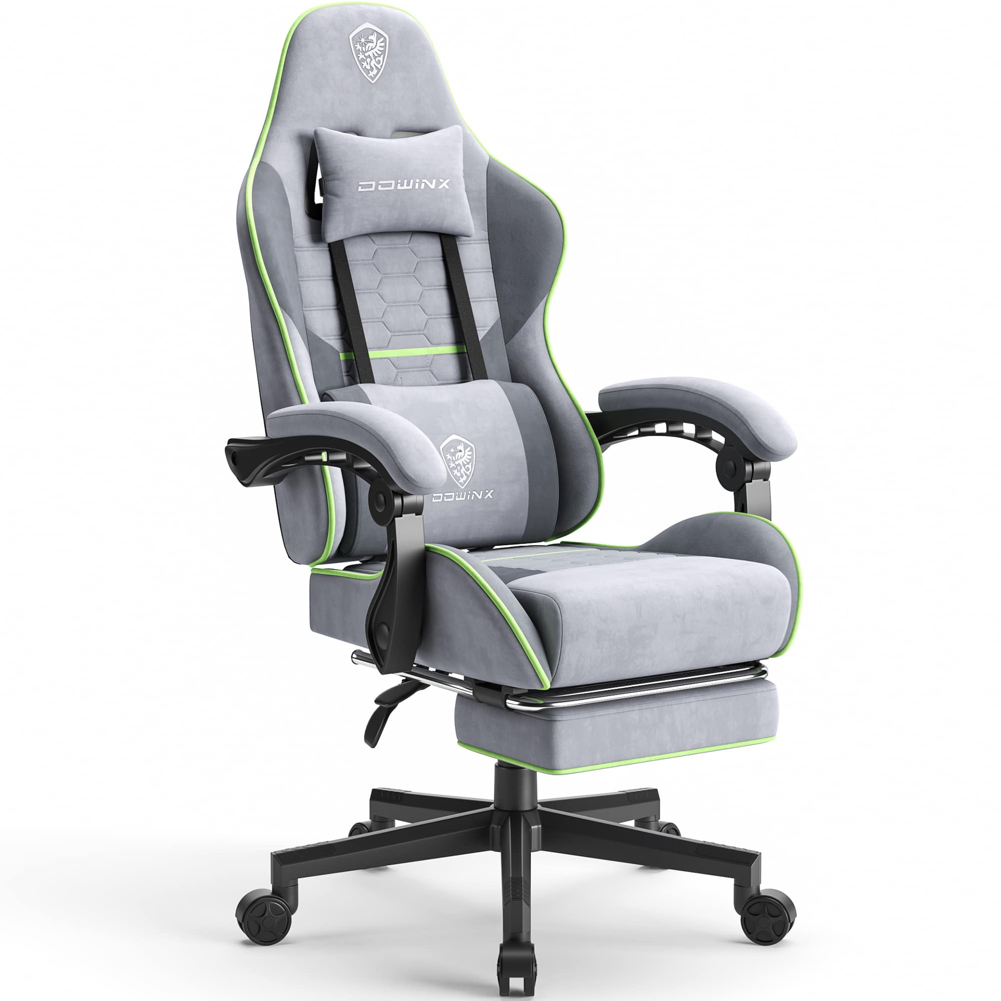 Dowinx - Fabric Gaming Chair with Massage Lumbar Support, Ergonomic Office Chair with Adjustable Headrest and Footrest - Grey Green