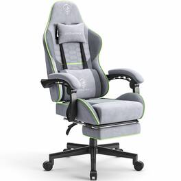 Dowinx - Fabric Gaming Chair with Massage Lumbar Support, Ergonomic Office Chair with Adjustable Headrest and Footrest - Grey Green