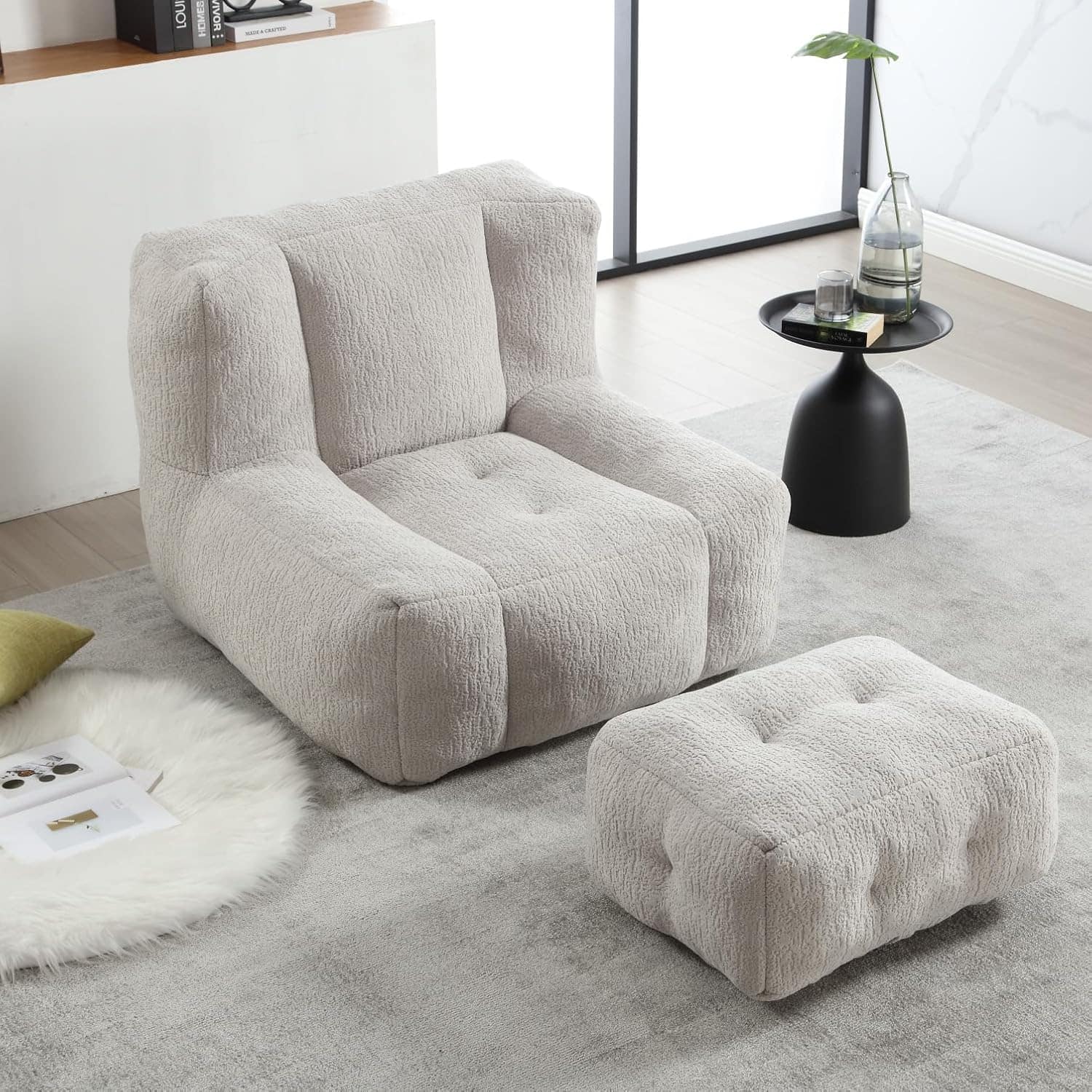 Trinkets Crazed - Fluffy Bean Bag Chair, Comfy Bean Bag Chairs, Super Soft Lazy Sofa Chair with Memory Foam and Ottoman - light gray