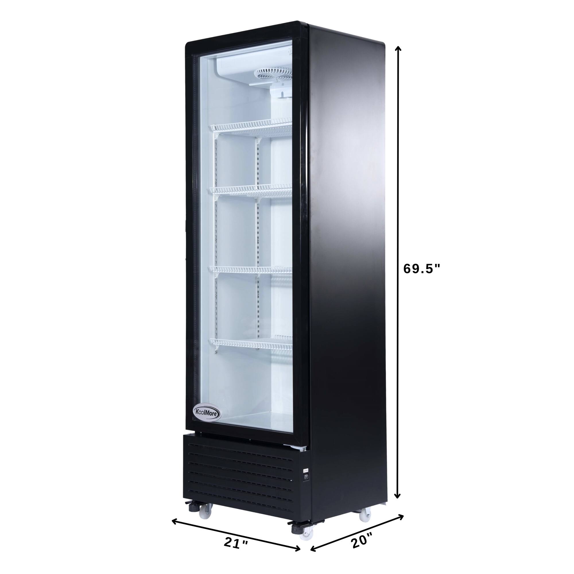 The text on the image reads: "69.5" KooiMor 21" 20". This suggests that the black refrigerator is 69.5 inches tall, and it has a 21-inch door and a 20-inch interior.