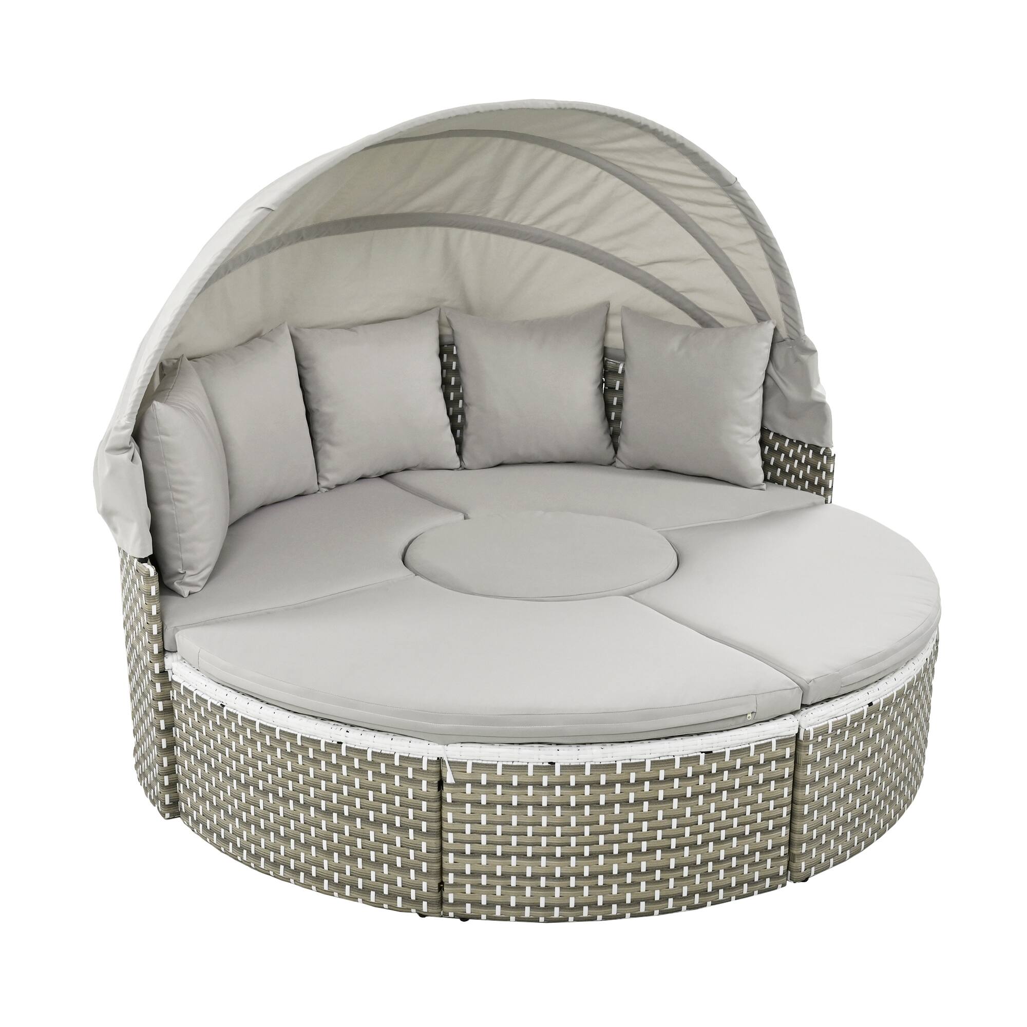 Left. Tiramisubest - Round Patio Sectional Rattan Daybed w/ Retractable Canopy,Two-Tone Weave,Separate Seating and Removable Cushion, Gray - Gray.