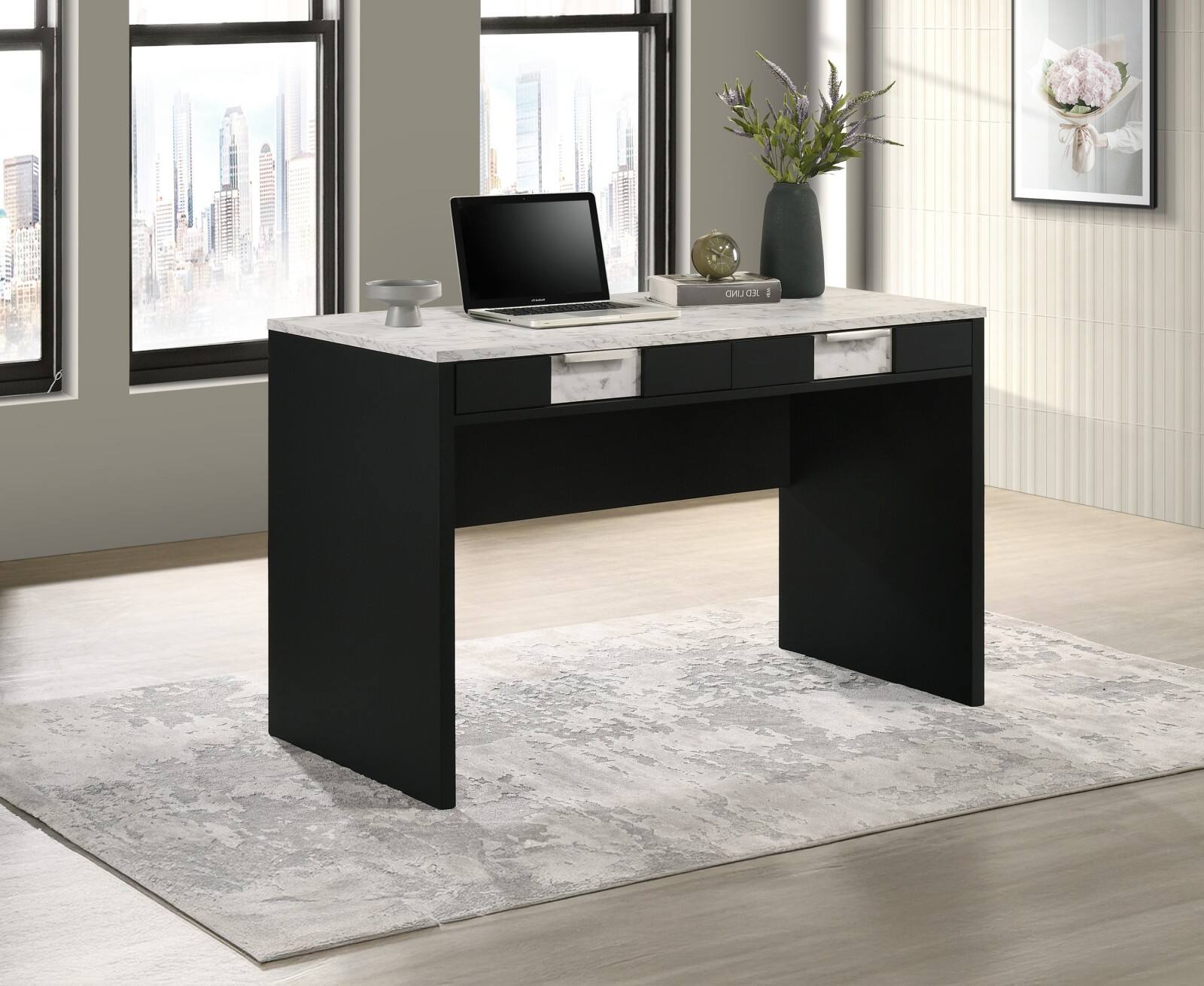 Alt View 1. Glintex - 47.9" Modern Writing Desk with Faux Marble Top, Integrated Storage Drawers, Sleek Finger Pulls, Durable Construction - Black,White.