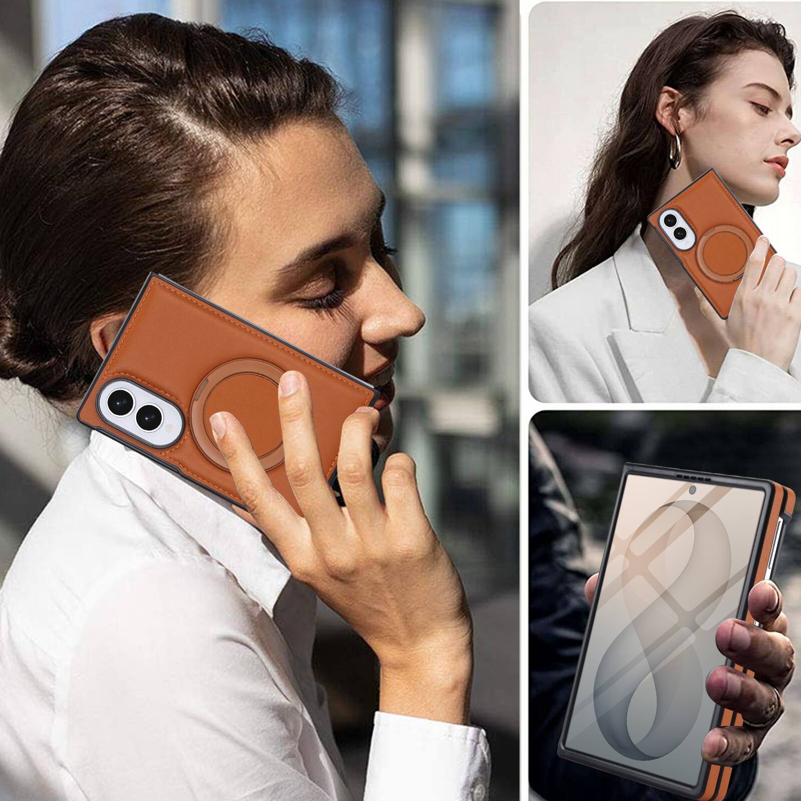 Alt View 2. Dteck - Shockproof Case for Samsung Galaxy Z Fold8 with Stand, Magnetic Leather Texture Rigid Plastic Cover Built in Screen Film - Brown.