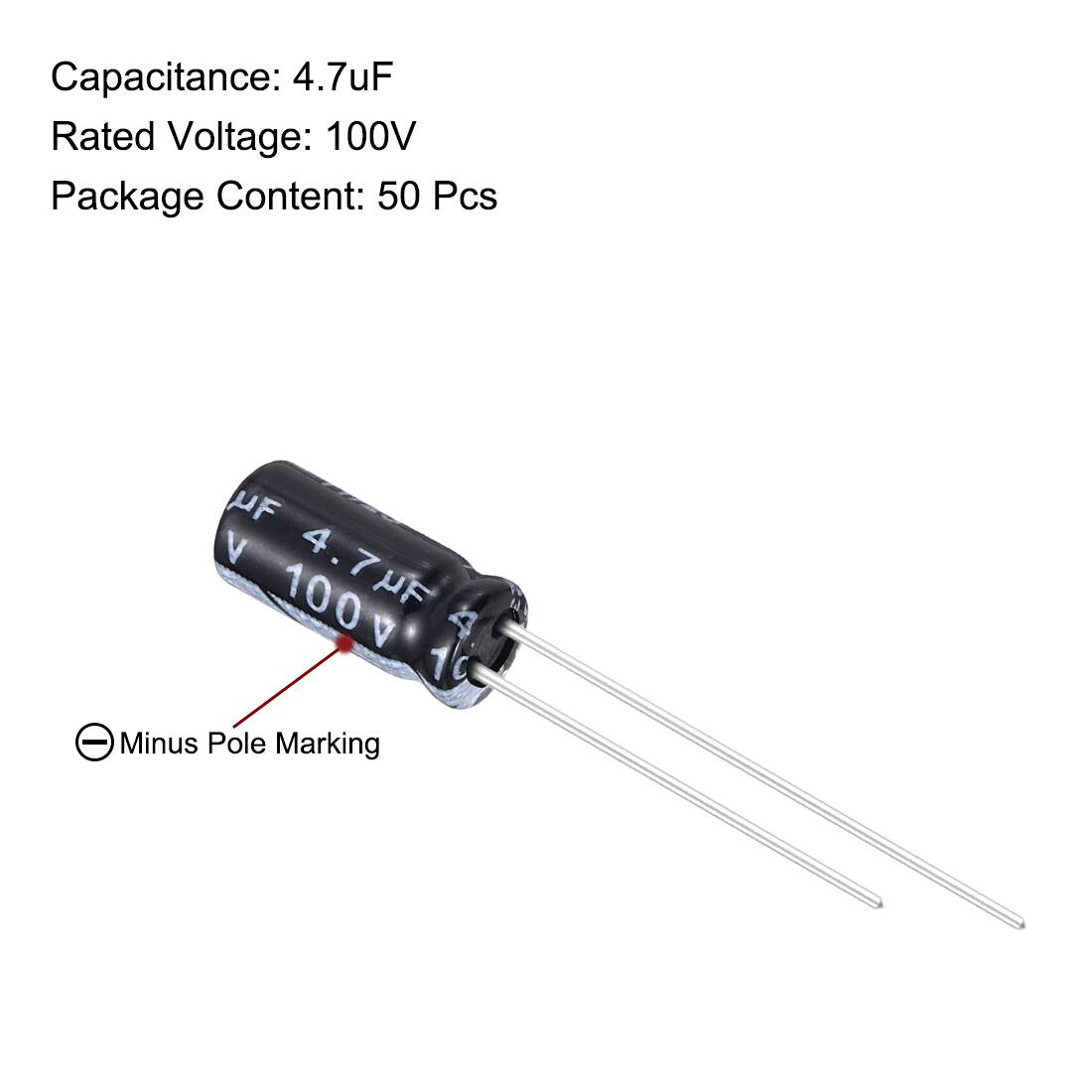Capacitance: 4.7uF  
Rated Voltage: 100V  
Package Content: 50 Pcs  

Minus Pole Marking