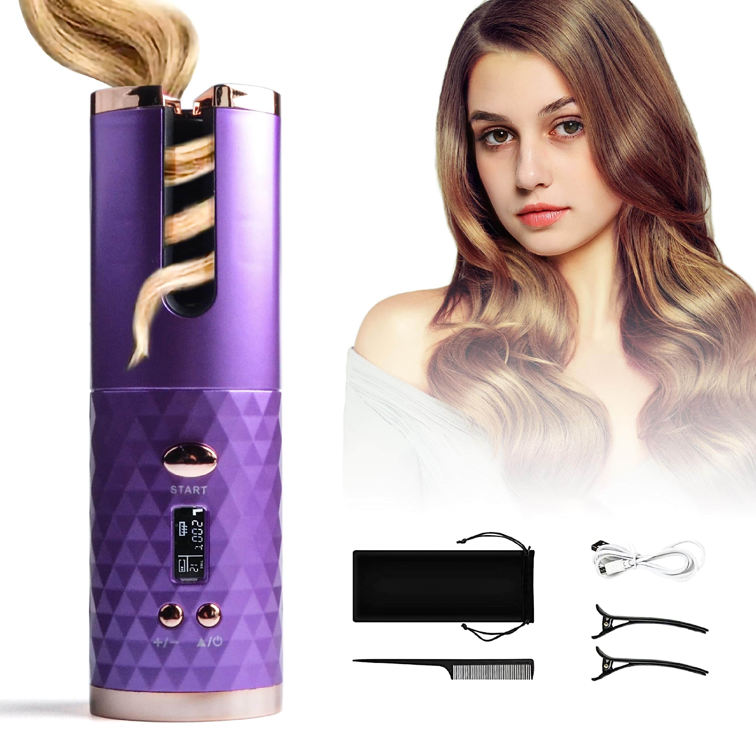 VEGA AUTOMOTIVE - Automatic Curling Iron Hair For Styling Cordless Auto Curler With 6 Temps And Timers Shut off Fast Heating - Purple